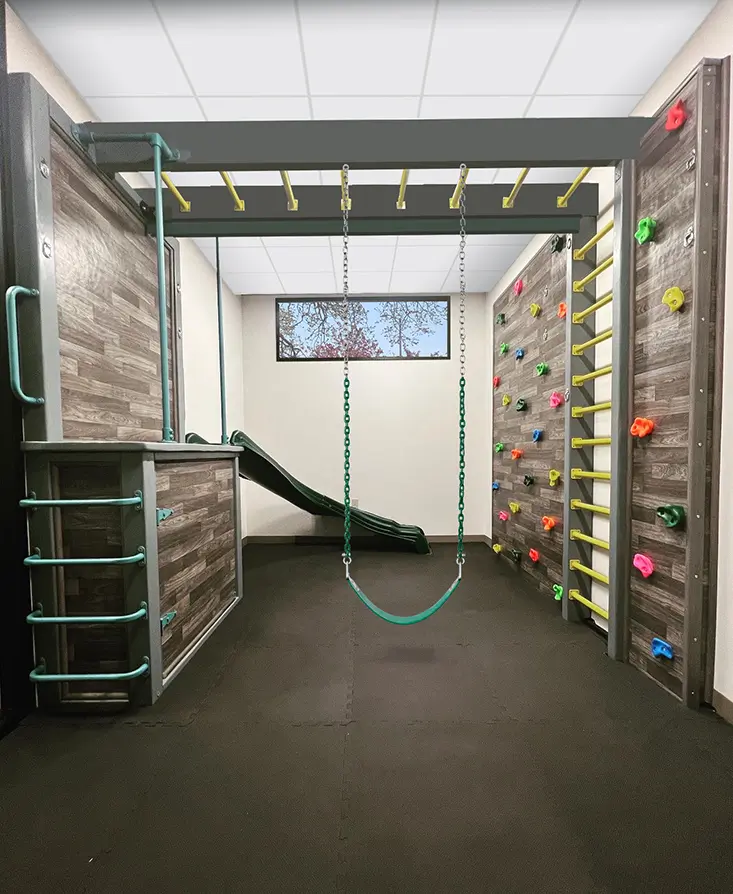 Sensory gym with climbing wall, slide, monkey bars, and swing