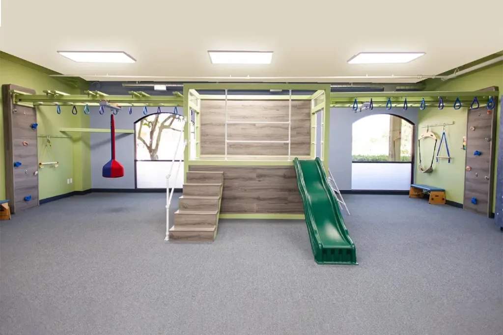 Sensory gym with steps, slide, monkey bars, rock climbing walls, ball swing, and large windows