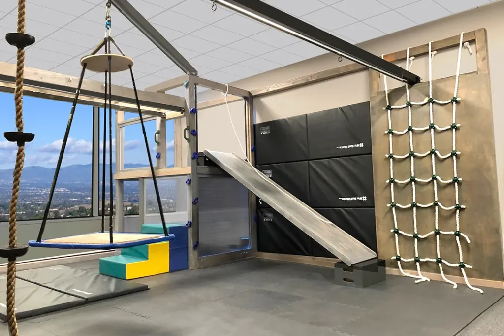 Sensory gym in West LA, CA with a nest swing, rope ladder, slide, and climbing net